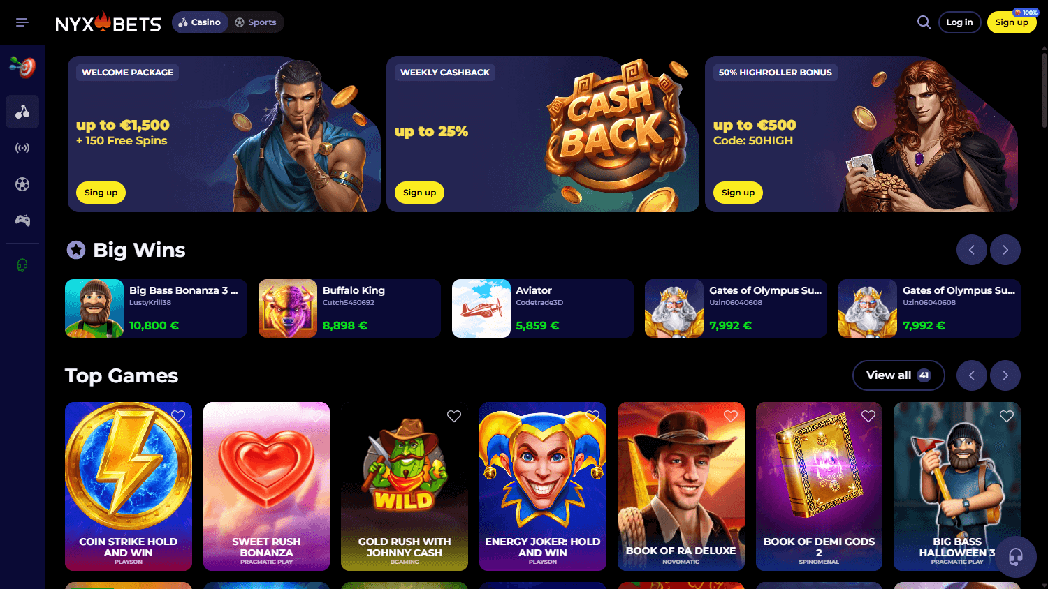 NyxBets app – casinolobby overzicht